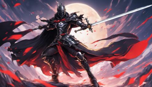 Black knight wearing a cape and using a one handed sword