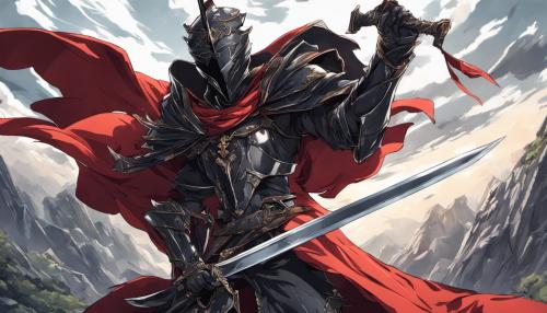 Black knight wearing a cape and using a one handed sword