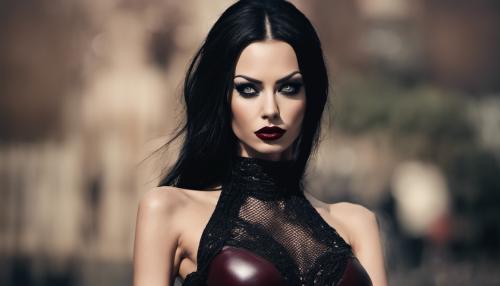 Mistress, Goddess, very long black hair, dark smokey eye shadow, dark red lipstick, high ponytail, body like Jessica Jane Clement, face like Jaime Edmondson, tight leather and fishnet clothing and high heeled boots