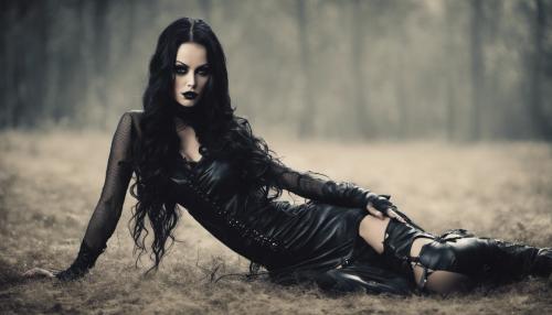 Mistress, Goddess, Looks like Jessica Jane Clement, Leather and fishnet clothing, Very long wavy black hair, gothic makeup, full body image.