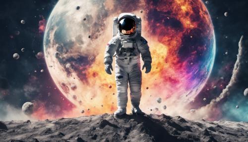 Astronaut standing on the moon while Earth is exploding, trippy colors, ultra HD