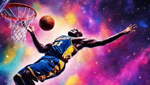 Nba inspired shaquille o'neal dunking with colourful blurred background on an outer space like pitch