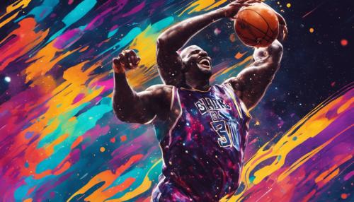 Nba inspired shaquille o'neal dunking with colourful blurred background on an outer space like pitch