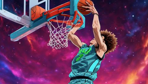 4k quality Lamelo ball dunking the basketball into the hoop. There is a colourful 4k outer space background.