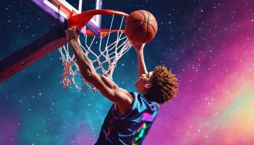 4k quality Lamelo ball dunking the basketball into the hoop. There is a colourful 4k outer space background.