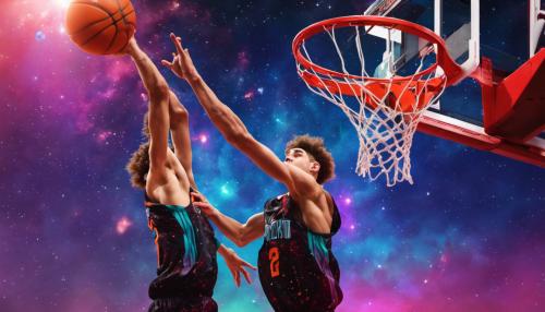 4k quality Lamelo ball dunking the basketball into the hoop. There is a colourful 4k outer space background.