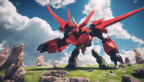 gurren lagann apuntando al cielo mientras mira un hermoso paisaje