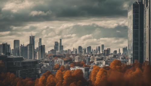 Good afternoon! Make me some images of the city with a futuristic and realistic beautiful horizon in a sunny day with tall buildings and a completely empty city with trees in autumn, all for PC wallpaper