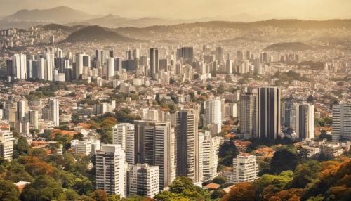 Good afternoon! Make me some images of the city with a futuristic and realistic Belo Horizonte (city of brazil in minas gerais) in a sunny day with tall buildings and a completely empty city with trees in autumn, all for PC wallpaper, Without blurring the background, keeping the view wide. Create 5 image variations.