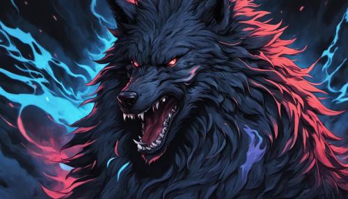 Demon black dire wolf with long fur,blue eyse in a dark Fantasy word