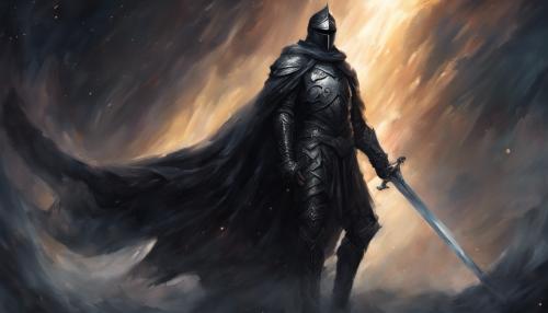 Black knight wearing a cape, one handing a sword in a dark Fantasy 