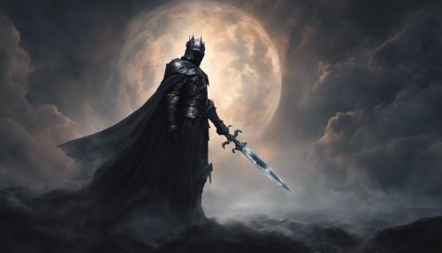 Black knight in a dark fantasy wearing a cape and one handing a sword