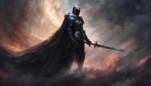 Black knight in a dark fantasy wearing a cape and one handing a sword