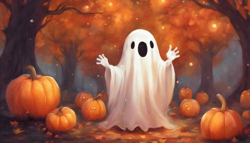 Cute chubby ghost, pumpkins, pretty, fall, orange, red, yellow, halloween