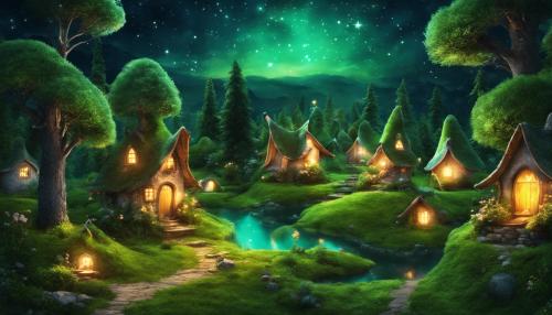 fairy village in green forest magic night sky