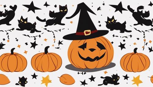 Black cat with pointy witches hat with stars on it pumpkins halloween