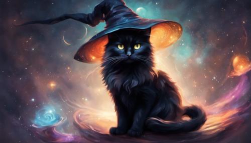 cute black cat with witches hat on