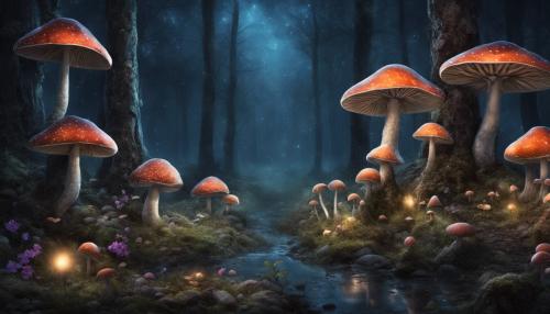 Mushroom forest at night magical