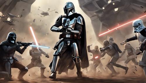 The mandalorian fight against darth vader and stormtroopers