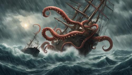 Giant octopus attacking ship in storm