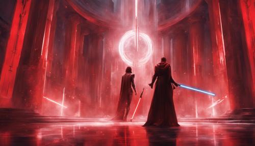 inside a red and black sith temple, lightsaber fight in the center