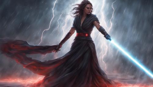 a sith woman wielding a lightsaber and using force lightning