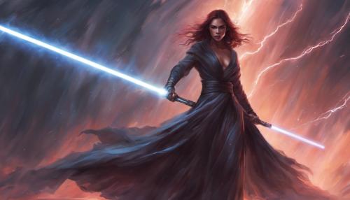 a sith woman wielding a lightsaber and using force lightning