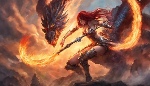 Erza scalet in bikini armor fightin a dragon breathing fire