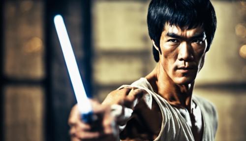 Bruce lee holding a lightsaber