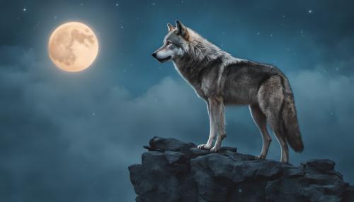 Wolf standing on cliff with a blue moon background 