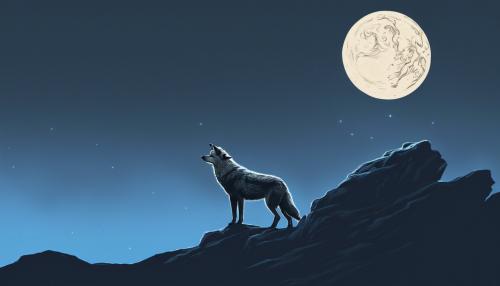 Wolf standing on cliff with a blue moon background 