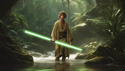 Ray Skywalker in jungle emerging out of a River under the stairs with a gold lightsaber