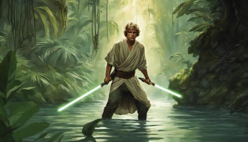 Ray Skywalker in jungle emerging out of a River under the stairs with a gold lightsaber