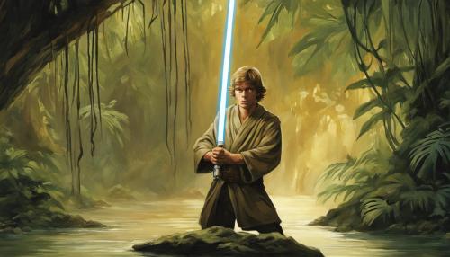 Ray Skywalker in jungle emerging out of a River under the stairs with a gold lightsaber