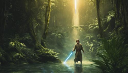 Ray Skywalker in jungle emerging out of a River under the stairs with a gold lightsaber