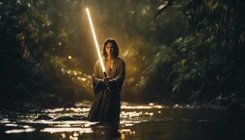 Ray emerging from river in jungle at night with a gold light saber 