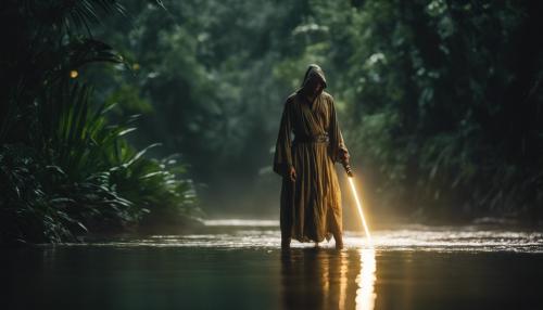 Ray emerging from river in jungle at night with a gold light saber 