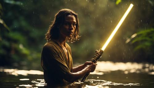 Ray emerging from river in jungle at night with a gold light saber 