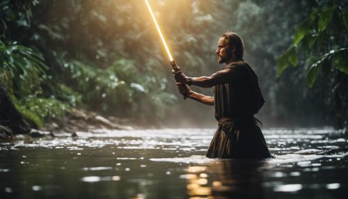 Ray emerging from river in jungle at night with a gold light saber 