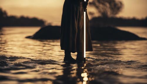 Ray emerging from river at night with a golden light saber