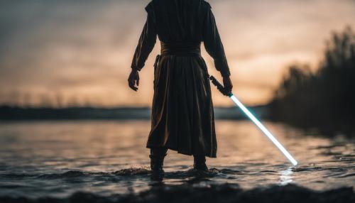 Ray emerging from river at night with a golden light saber