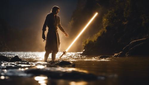 Ray emerging from river at night with a golden light saber