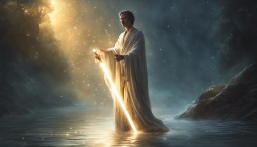 Ray emerging from river at night holding a gold lightsaber 