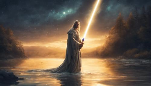 Ray emerging from river at night holding a gold lightsaber 