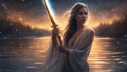 Beautiful girl emerging from river at night under the stars holding a gold lightsaber 