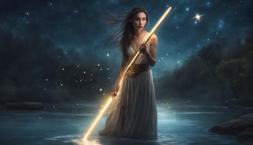 Beautiful girl emerging from river at night under the stars holding a gold lightsaber 