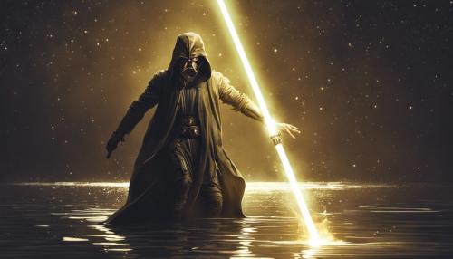 Ray emerging from river at night with a golden lightsaber 