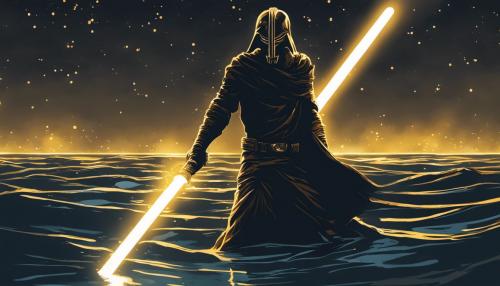 Ray emerging from river at night with a golden lightsaber 