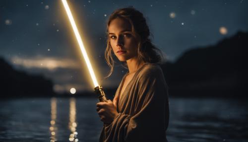 Beautiful girl emerging from river at night under the stars holding a gold lightsaber 