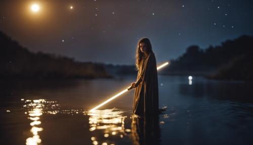 Beautiful girl emerging from river at night under the stars holding a gold lightsaber 